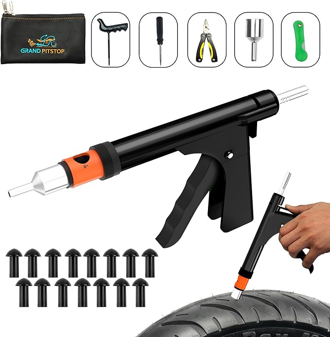 GRAND PITSTOP Tubeless Tire Gun Puncture Repair Kit with Mushroom Plug for Tyre Punctures and Flats on Cars, Motorcycles, ATV, Trucks & Tractors (Gun Puncture Kit with Hole 15 Plugs, Black)