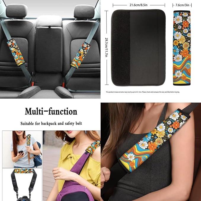 12 Pcs Hippie Flower Car Seat Covers Full Set for Women Lady,Retro Daisy Flower Colorful Swirl Wavy Auto Seat Protection Groovy Floral Steering Wheel Cover Car Coaster Automotive Interior Set