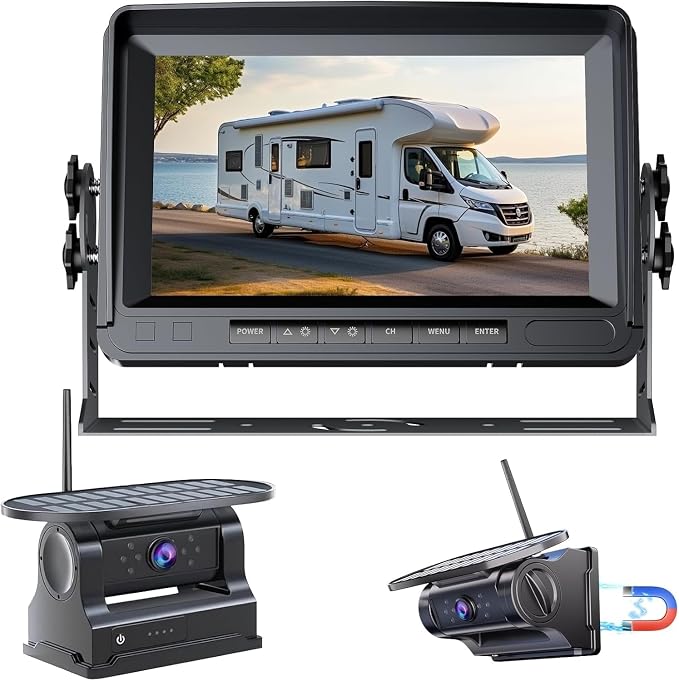Magnetic Solar Wireless Backup Camera–7" HD 1080P Monitor with Recording, 1-Min Install, No-Delay Rear View, IR Night Vision, Rechargeable Battery, Scratch-Resistant Mount,RV Truck Trailer