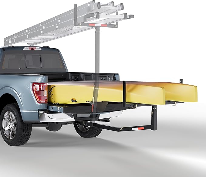 ECOTRIC 750lbs Capacity Black Truck Bed Extender Pickup Truck Bed Hitch Mount Extension Rack SUV Lumber Ladder Canoe Boat Kayak Long Pipes w/Flag - Powder Coated Steel