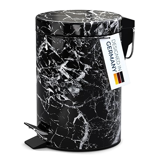 Sanilo Small Bathroom Trash Can with Lid [1.3 Gallon] - Lidded Tiny Trashcan for Garbage - Mini Metal Bin with Soft Closing Mechanism - Bath Room Accessoire Wastebin with Inner Bucket (Marble Black)