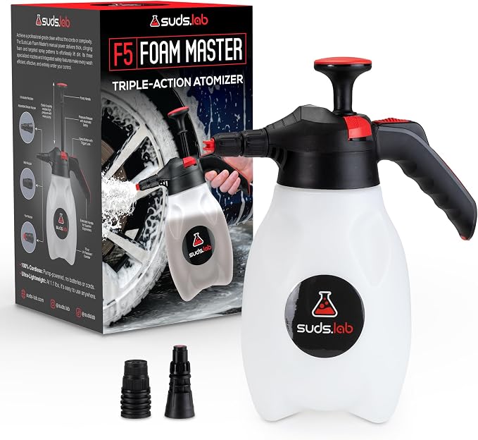 Suds Lab F5 Foam Master - Triple-Action Pump Foam Sprayer with 3 Nozzles, Cordless Hand Pump Bottle for Car Wash & Versatile Use - 70 Oz. Portable Detailing Atomizer