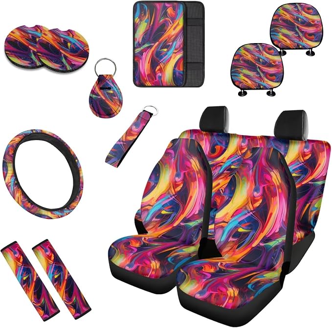Colorful Fluid 13 Pack Car Seat Covers Full Set Boho Rainbow Fluid Painting Car Interior Accessories Hippy Gradient Paint Fit Auto SUV Trucks Seat Belt Shoulder