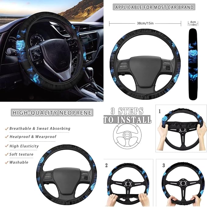 Howilath Blue Rose Butterfly Front Car Seat Covers Set with Center Console Cover+Steering Wheel Cover+Seatbelt Pads+Keychain+Coasters Interior Accessories Fit Sedan Truck Van