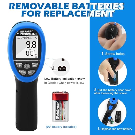 Pyrometer 30:1 Non-Contact High Temp Thermometer Gun-58℉ to 2732℉ (-50℃ ~ 1500℃) IR Thermometer Gun with Mobile APP for Pizza ovens, Kiln, Forge RQ-1500APP【Not for Human】