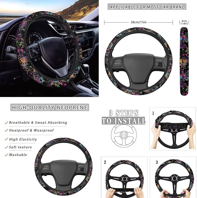 Colorful Spiderweb Skulls Car Seat Cover Full Set with Car Steering Wheel Cover, Auto Armrest Pad Protector, Auto Seat Belt Pads, Halloween Automotive Decorations Set of 8
