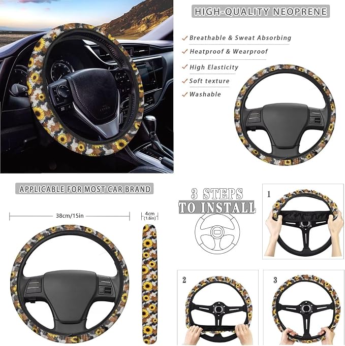 14 Pieces Car Seat Covers Full Set Sunflower Cow Print Car Front and Rear Seat Covers Steering Wheel Cover Armrest Pad Safety Belt Pads for Women Girls, Universal Fit Most Vehicle