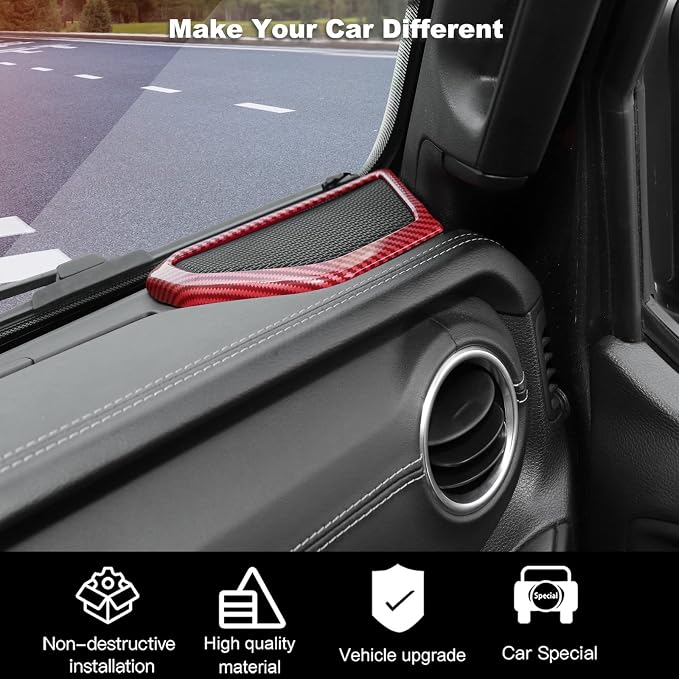 A Pillar Speaker Trim Cover & Roof Speaker Audio Trim Cover Ring Kit Decoration Interior Accessories for Jeep Wrangler JL JLU & Gladiator JT 2018-2022,Red Carbon Fiber