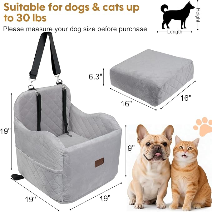 Juniverse Dog Booster Car Seat for Small to Medium Dogs Up to 30 lbs, Memory Foam, Washable Velvet Fabric Cover, Safety Leash, Storage Pockets, 19x19x19 Inches (Gray)