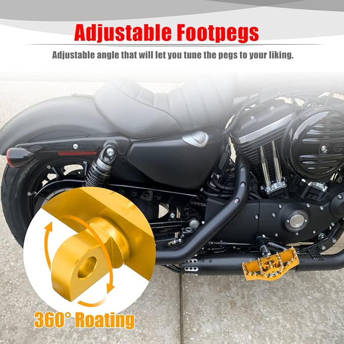 Goldfire 360° Roating MX Chopper Bobber Style Foot Peg Front Pegs Footrests MINI Floorboards Highway Pegs Fits for Motorcycle Harley Electra Glide Softail Dyna Chopper Sportster 883 (Gold)