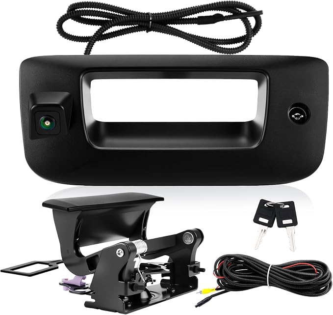 LCWRGS Tailgate Handle Backup Camera & Bezel Trim Fits for 2007-2014 Chevy Silverado & GMC Sierra 1500 2500 3500 HD Tailgate Latch Door Handle Rear View Camera with Lock Cylinder Kit OE# 22755304