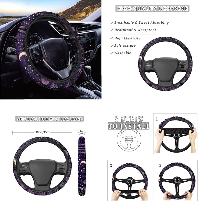 Ystardream Purple Moth Mushroom Car Seat Covers Full Set for Women Girly Car Seat Covers with Matching Steering Wheel Cover Machine Wash Automatic Interior Set,Easy to Install
