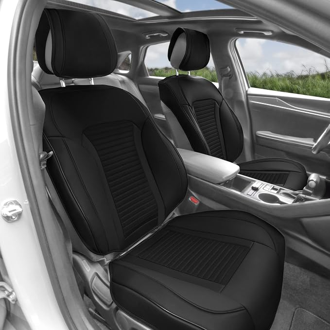 FH Group Car Seat Cover Cushion - 2 Pack Seat Covers for Cars Trucks SUV, Faux Leather Car Seat Cushions, Waterproof Car Seat Cover Cushion, Universal Fit Car Seat protector Front Set Black
