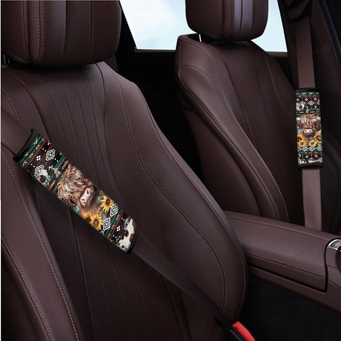 BIGCARJOB Highland Cow Print Seat Covers Full Set for Car Universal Auto Front Rear Seat Protector 12 Pcs Vintage Tribal Cow Print Steering Wheel Covers,Armrest Pads,Seat Belt Pads