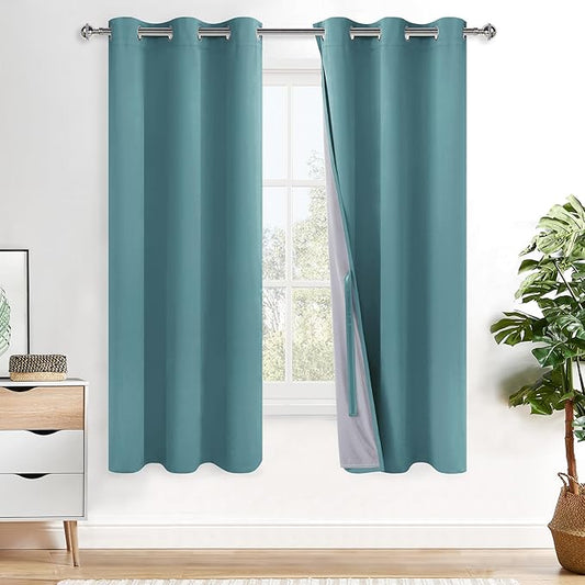 XWZO 100% Blackout Curtains - Thermal Insulated Black Liner Curtains, Noise Reducing and Heat Blocking Drapes for Hall and Studio Windows with Tiebacks, Stone Blue, W38 x L72, Set of 2