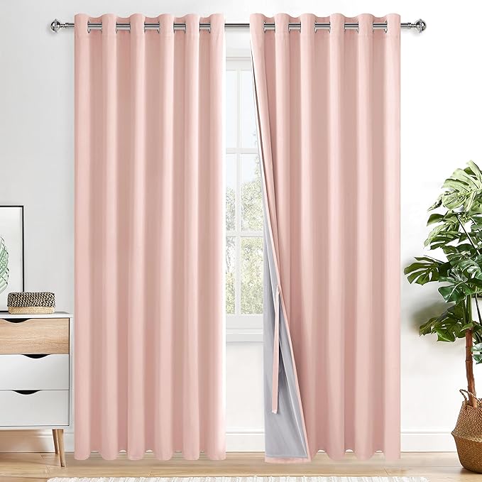 XWZO 100% Blackout Curtains 2 Panels with Tiebacks- Exra Wide Thermal Insulating and Full Light Blocking Window Curtains with Black Liner for Children Room, Grommet, Blush Pink, W70 x L84, Set of 2