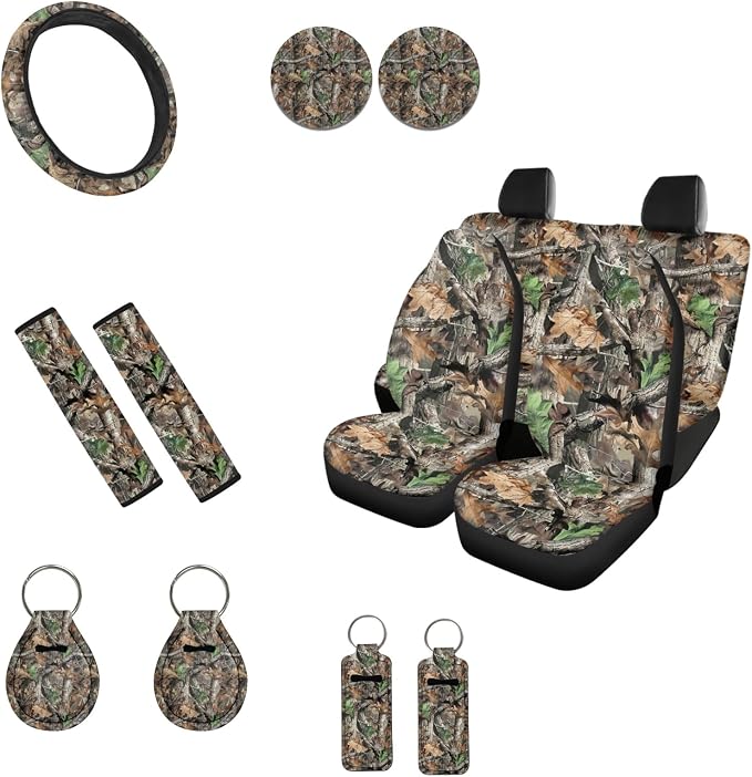 INSTANTARTS Hunting Camo Forest 13 Pcs Car Seat Cover Set Seat Belt Cover Steering Wheel Cover Key Fob Coaster Lipstick Cover Auto Protectors