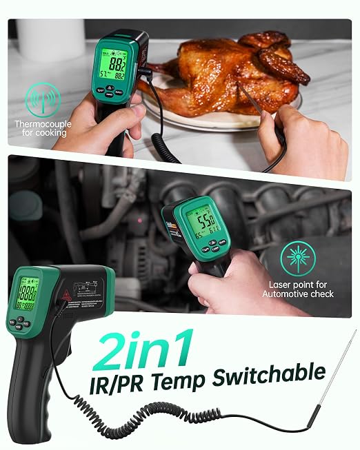 ERICKHILL Infrared Thermometer Gun, Dual Mode IR Laser Thermometer with -50°C~800°C and Meat Probe (-50°C~300°C), Non-Contact Digital Thermometer for Cooking, BBQ, and Industrial Use