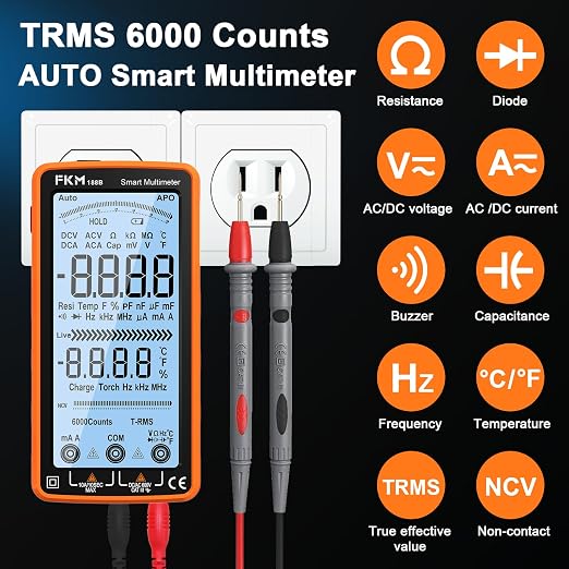 FKM Digital Multimeter Tester Auto-Ranging TRMS 6000 Counts Smart Rechargeable Voltmeter Electrical Tester Measures AC/DC Current,Voltage,Capacitance,Resistance,NCV,Amp,Ohm,Diodes,Countinuity,Temp