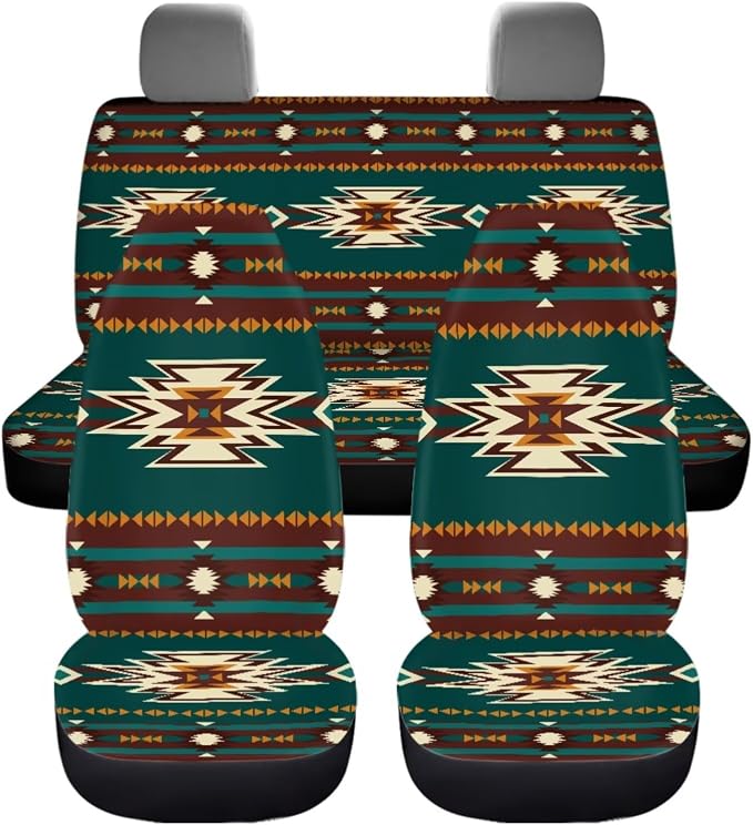 Dreaweet Navajo Seat Covers for Cars Trucks SUV,Green Southwestern Native American Seat Covers with Steering Wheel Cover,Seatbelt Cover,Armrest Pad,Cup Holder,Gear Shift Knob Handbrake Cover,Set of 12