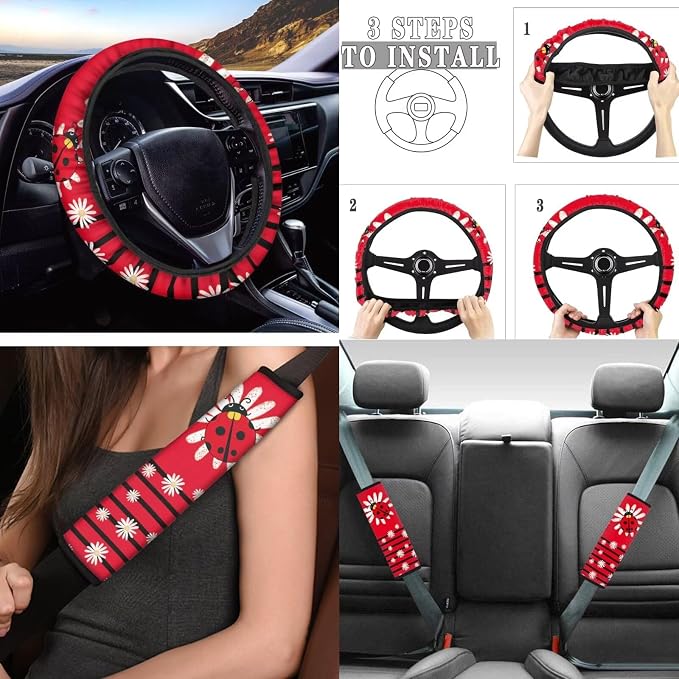 Tupalatus Funny Ladybugs 9 Pcs Front Seat Covers Set Washable Steering Wheel Cover Car Seat Belt Pads Cover Coasters Gear Shift Hoodie Handbrake Cover for Auto Trucks Van SUV