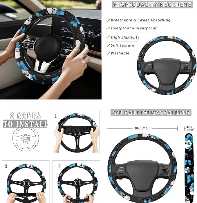 8 Pcs Blue Butterfly Skull Car Seat Covers Full Set Car Accessories for Women Front Seat Cover Steering Wheel Armrest Cover Seat Belt Cover for Auto SUV Interior Decoration