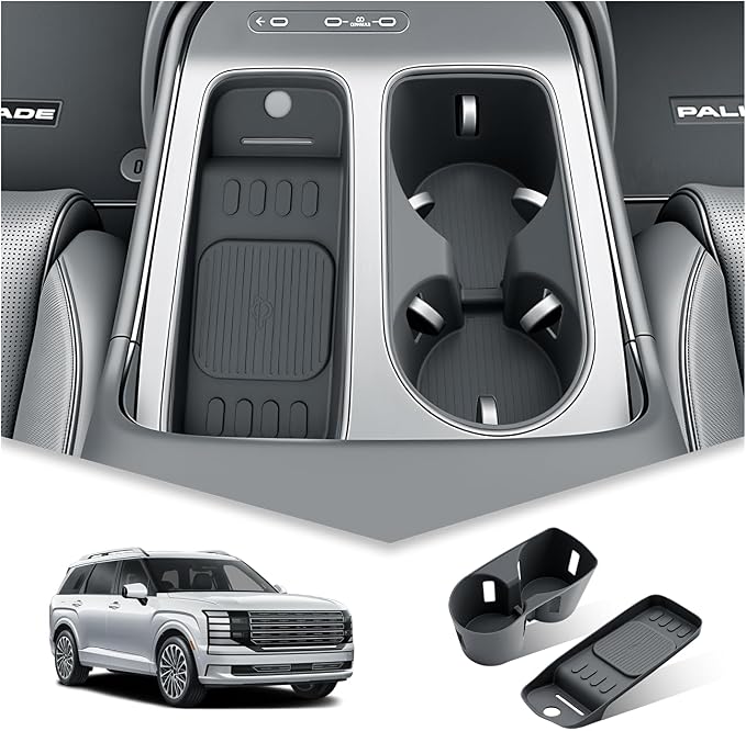 BIBIBO 2Packs for 2026 Hyundai Palisade Center Console Cup Holder 2026 Hyundai Palisade Console Wireless Charging Mats & Console Cup Holder Insert 2026 Palisade Silicone Console Tray 2026 Palisade