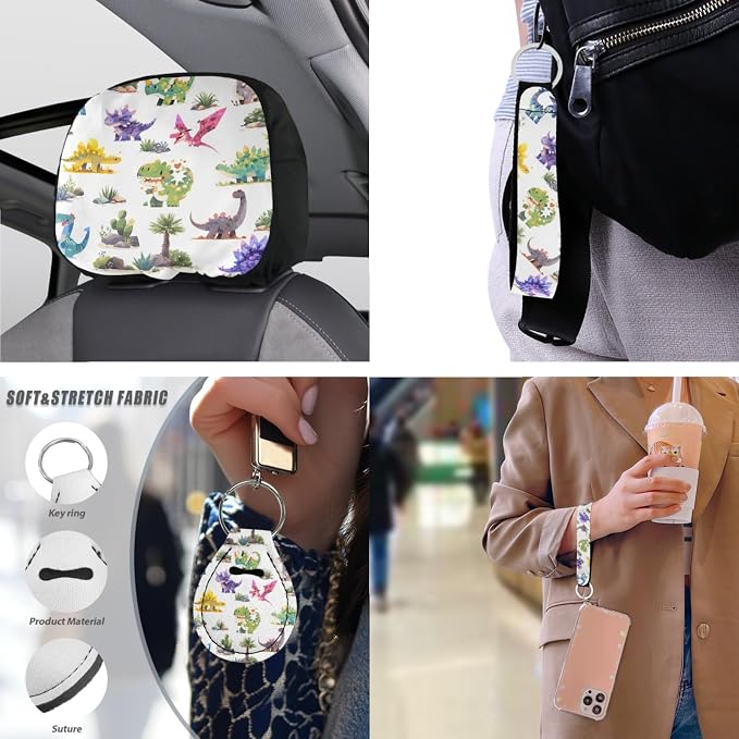 Dinosaur 13 Pcs Car Seat Covers, Cartoon Mini Dinosaur Universal Driver Seat Cover Protector Armrest Pad, Forest Pterosaur Steering Wheel Armrest Cover Seatbelt Cup Mats