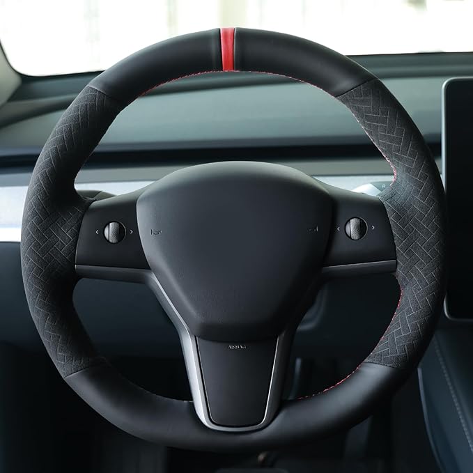 MEWANT Hand Stitch Steering Wheel Cover for Tesla Model Y 2023 Model 3 2023 Made of Black Faux Leather Embossed Athsuede
