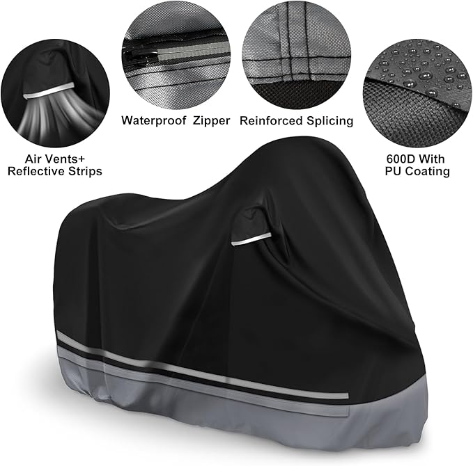 Waterproof Enclosed Motorcycle Storage Sheds Cover, 600D Oxford Cloth with All-Round Enclosed Zipper Motorcycle Shelter Garage Cover for Snow Rain Dust Protection, 96 L x 45 W x 53 H in