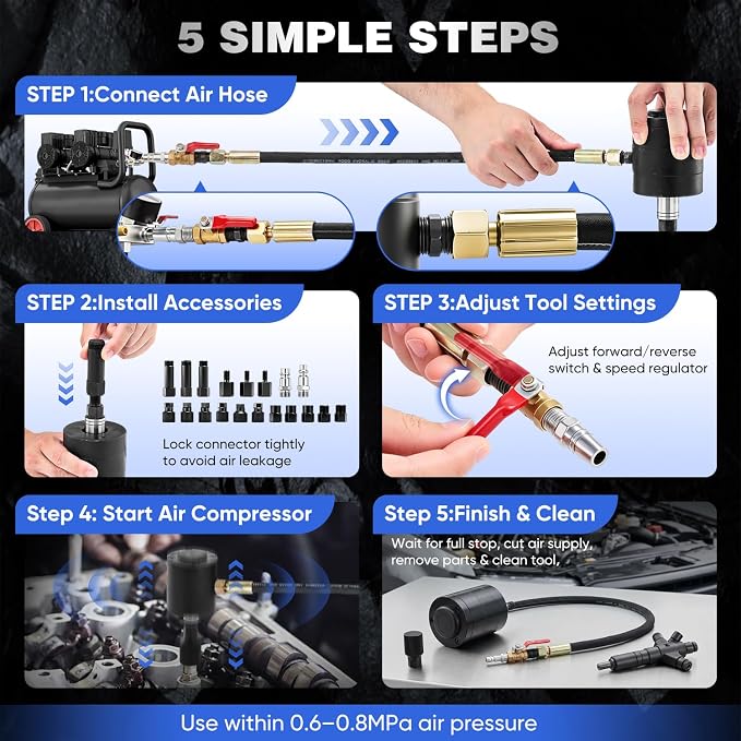SakerPlus Universal Diesel Injector Removal Kit, Pneumatic Injector Puller Tool Set with Adapter Assortment, Air-Powered Vibration Injector Extractor for Diesel Engine Service, Blow Molded Case