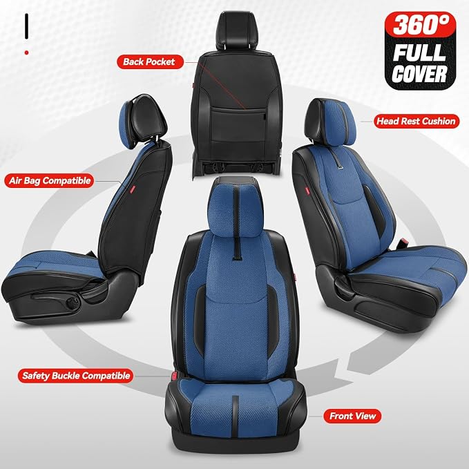 Auto Dynasty Car Seat Covers Full Set, Automotive Seat Covers for Cars Breathable Waterproof, Universal Anti-Slip Car Interior Protectors Compatible Airbag Fit Most Cars, Blue, Drive Series