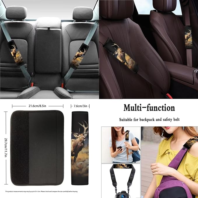 Xoenoiee Elk Wilderness Print 11 Pack Car Seat Cover Front & Rear Seat Cover with Steering Wheel Cover + Seat Belt Cover+ Cup Coasters+ Key Chains Universal Fit