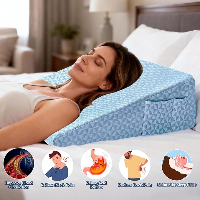 Wedge Pillow 7.5" Bed Wedge After Surgery, Back Pain Relief, Memory Foam Pillow Triangle Incline Wedge for Back Support, Leg Elevation（Blue）