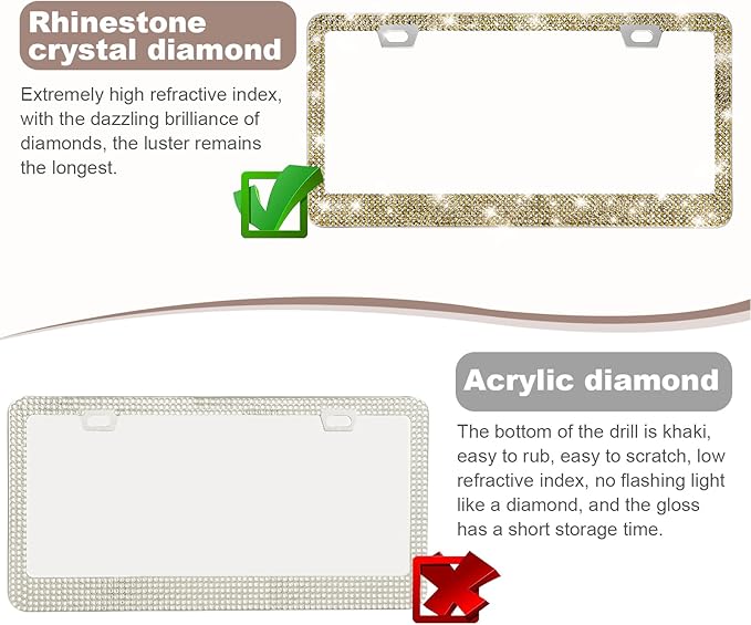 QUANQIUFEI 2 Pack Bling License Plate Frames for Women, Sparkly Rhinestone Diamond Car Accessories with Glitter Crystal Caps (Gold)
