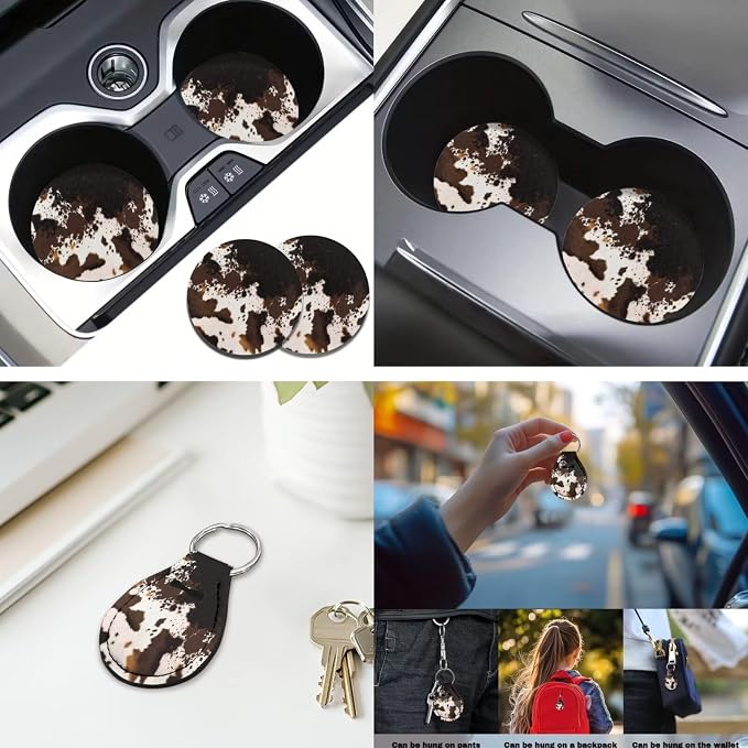 Brown Cow Print 12 Pack Car Seat Covers Full Set with Steering Wheel Accessories Car Seat Belt Cover Arm Rest Cover Car Cup Coasters Universal Fit for Most Cars,SUVs