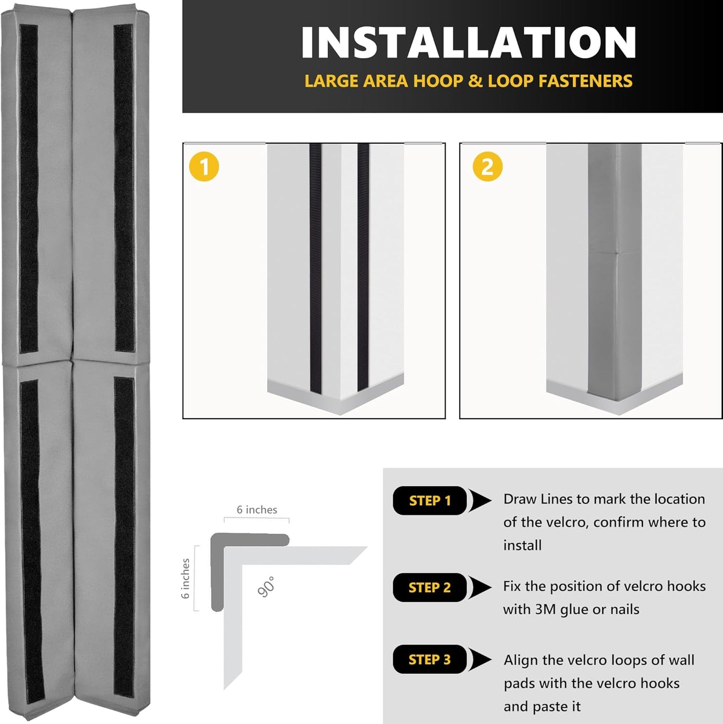 Wall Corner Guards & Edge Protector, Heavy Duty Wall Corner Protective Safety Padding, All-Weather 2 Sides Corner Pad for Gyms, Basketball Court, Playrooms, Garages,etc. (Gray, 5FT Tall 6in Sides)