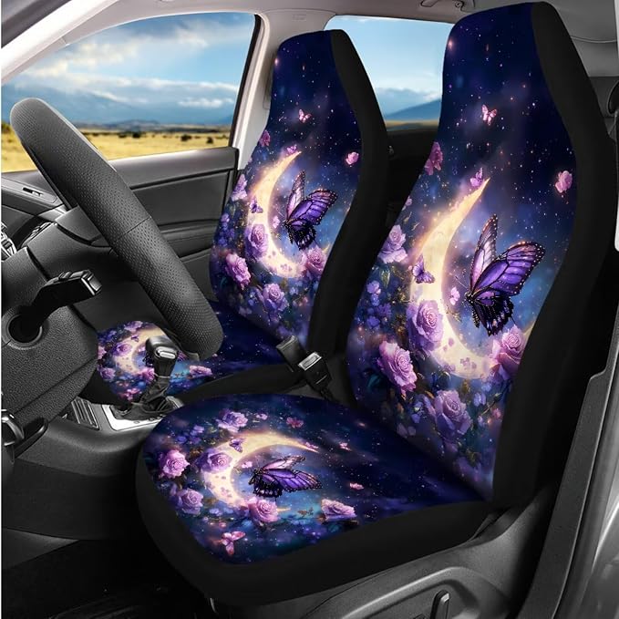 Bulopur Floral Butterfly Car Seat Covers Set with Armrest Cushion Pad Non-Slip Vehicle Seat Belt Shoulder Strap Covers Headrest Covers Coasters Vehicle Interior Decor Set for Van Sedan SUV 14 Pieces