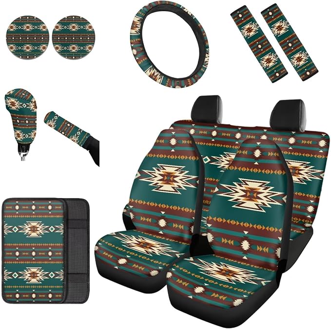 Dreaweet Navajo Seat Covers for Cars Trucks SUV,Green Southwestern Native American Seat Covers with Steering Wheel Cover,Seatbelt Cover,Armrest Pad,Cup Holder,Gear Shift Knob Handbrake Cover,Set of 12