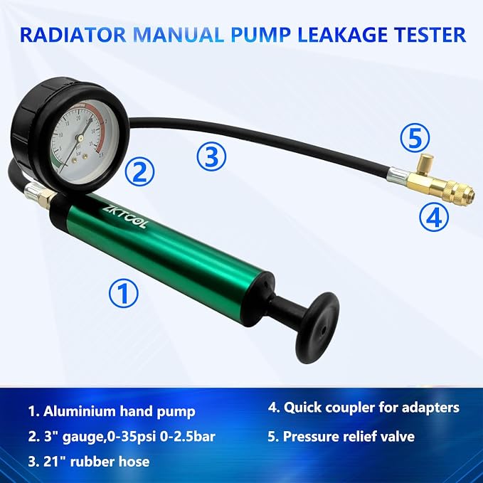 ZKTOOL Aluminum Automotive Cooling System Radiator Pressure Tester Tool,Pressure Test Pump with Pressure Gauge, Aluminum Hand Pump.Compatible with adapters for Various car Models.