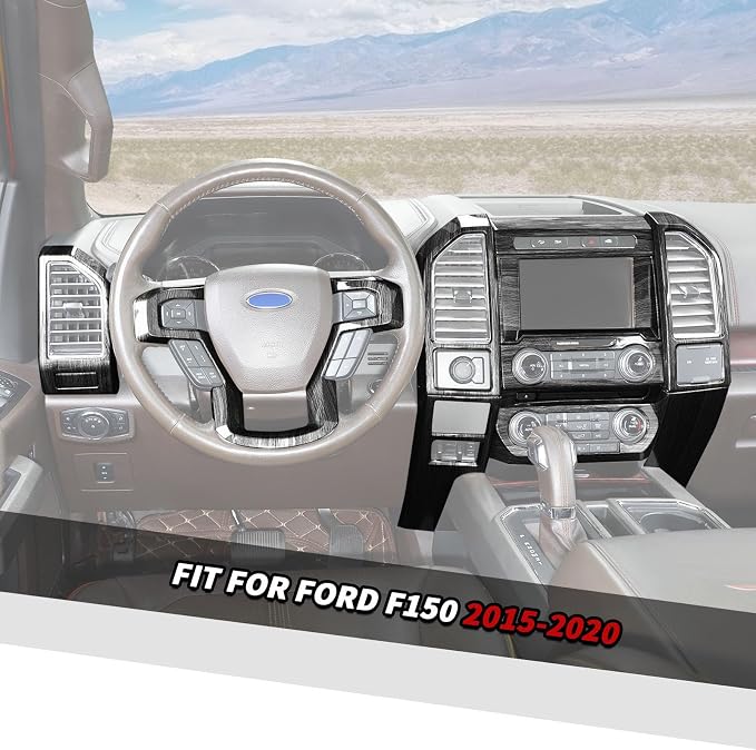 Jimen Fit for Ford F150 2015-2020, 16PCS Interior Trim Kits - Center Console Dashboard Cover, AC Control Panel, Volume Adjust Panel, Dash Side Air Vent Cover Trim (Black Wood Grain)