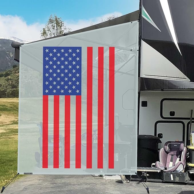 Tentproinc RV Awning Side Shade Screen 9' X 7' - (American Flag) Gray Mesh Screen Sunshade Complete Kits Camping Trailer Motorhome Awning Shadescreen UV Sun Blocker - 3 Year Warranty