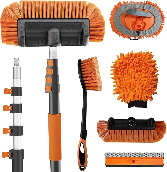 Buyplus 18FT Reach Car Wash Brush with Long Handle - Car Cleaning Kit with 3-12FT Extension Pole, Wheel Brush, Microfiber Cleaning Mop, Mitt, Window Squeegee for RV Truck SUV Boat Solar Pane Washing