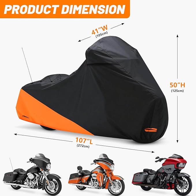 Waterproof Motorcycle Cover for Touring Models Made for Harley Davidson Road King Road Glide Street Glide Electra Glide Low Rider-ST Indoor & Outdoor All Weather Protection (Black & Orange)