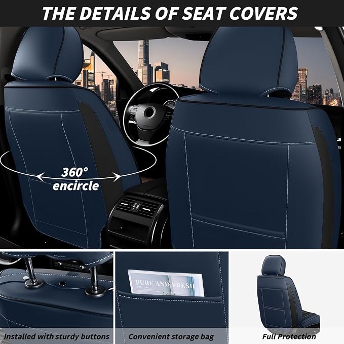 Arazi Fit for 90% of Mercedes-Benz Seat Covers, 360° Full Wrap Original Seat Cover, Waterproof Nappa Leather Seat Covers with Big Space Storage Pocket Seat Protector（5 Seats Luxury, Black&Blue）