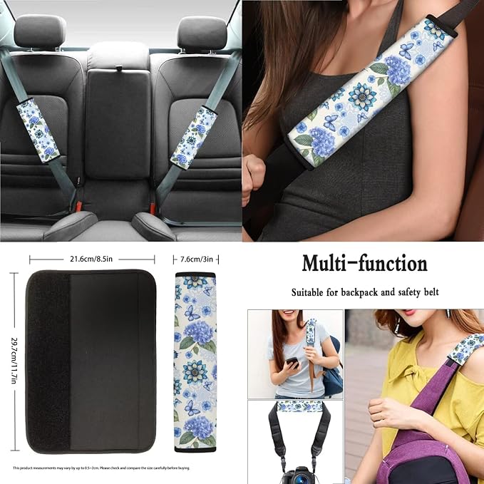 Hydrangea Boho Mandala Butterfly Pattern Car Seat Covers Full Set, 13 Pieces Car Accessories with 1 Steering Wheel Cover, 4 Seat Belt Covers and 4 Waterproof Coasters Universal Fit for SUV