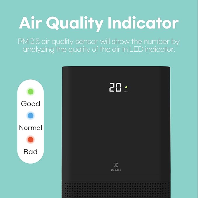 IMUNSEN M-001B True HEPA 13 Filter Air Purifier for Home, Large Room, Pets with Carbon Deodorization Filter, 99.97% Particles, Smokes, Odor, Cyclone Mode, Quiet Auto Sleep Mode - Black