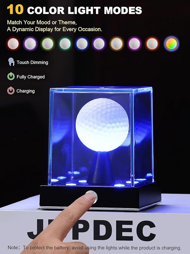 JupDec Cordless LED Golf Ball Display Case, Clear Acrylic Single Golf Ball Stand with 10 Color Light up, Autograph Cube Showcase with Memory Function, Ideal Gift for Sports Fans