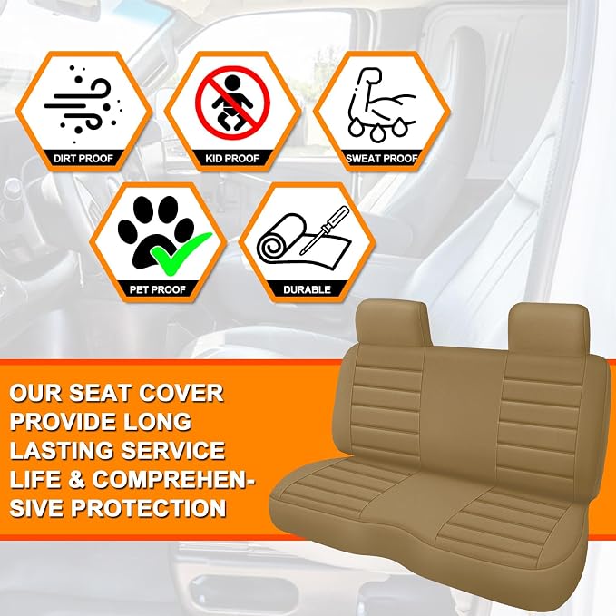 Truck Seat Cover Compatible with 1995-2004 Toyota Tacoma Front Bench Seat with Molded Headrest and Small Notched Cushion, Knitted Fabric, Tan