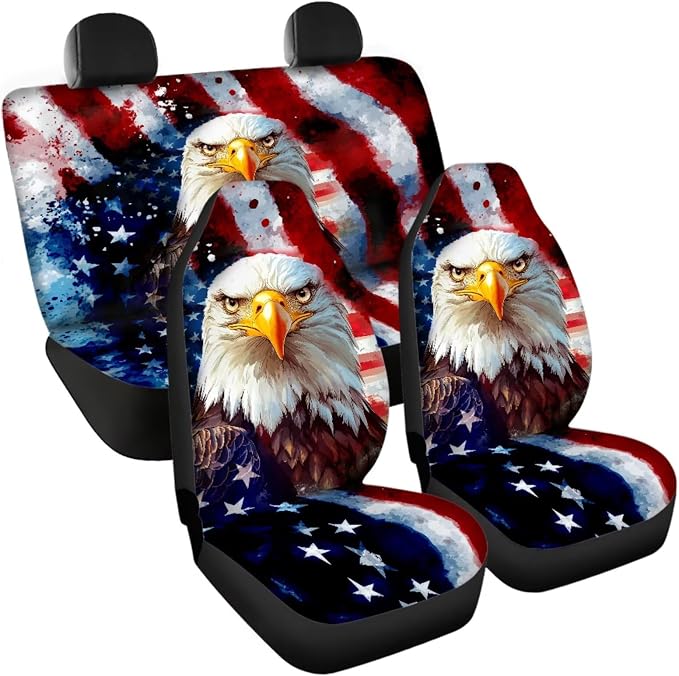 American Flag & Bald Eagle Car Seat Cover Set of 11, Patriotic Auto Decor with Universal Fit Steering Wheel & Seat Belt Covers for 250th Anniversary and 4th of July